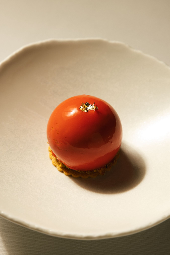 Glazed Red Dessert Dome with Gold Leaf